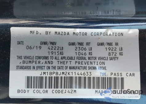 2019 Mazda Mazda3 from USA, damaged, VIN JM1BPBJM2K1144633